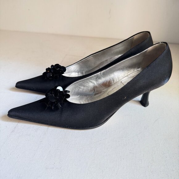 Vintage Sofia Black Satin Pointy Toe Sequin Accent Kitten Heel Hells 36 - Picture 6 of 11